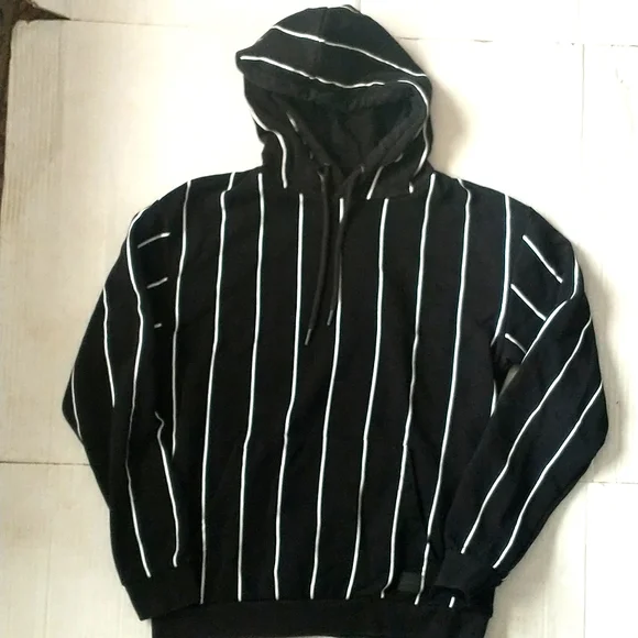 Denim & Flower black and white striped hoodie, kangaroo pocket - Picture 1 of 7